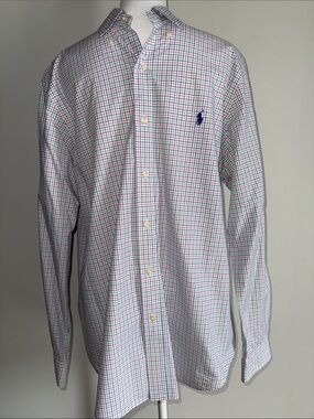 Ralph Lauren Men’s Large White Button-Down Shirt with Pink Blue Green Stripes